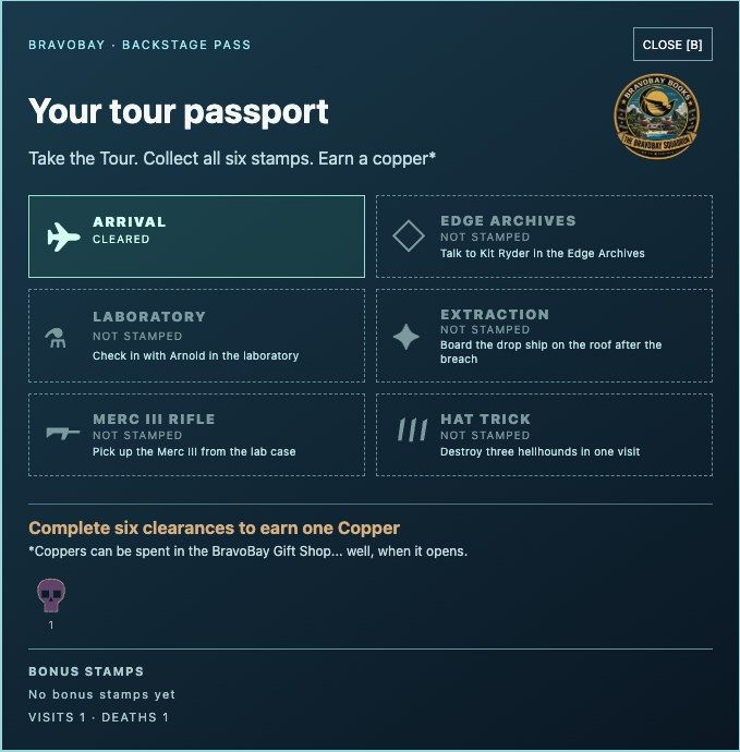 BravoBay HQ Tour In-game tour passport with stamp tiles
