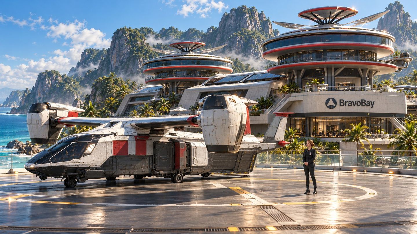 The BTV-1 Horizon drop ship parked on the rooftop landing pad, with Sloane the Intern waiting on the pad and the BravoBay HQ towers and tropical cliffs behind