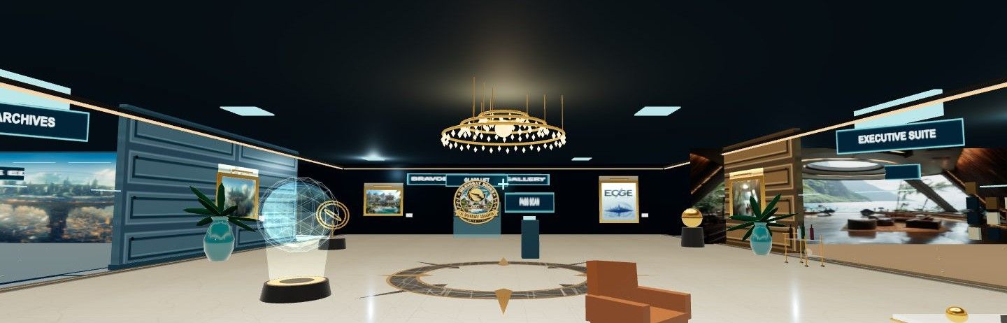 BravoBay HQ Tour In-game still: the visitor center lobby with its chandelier and gallery