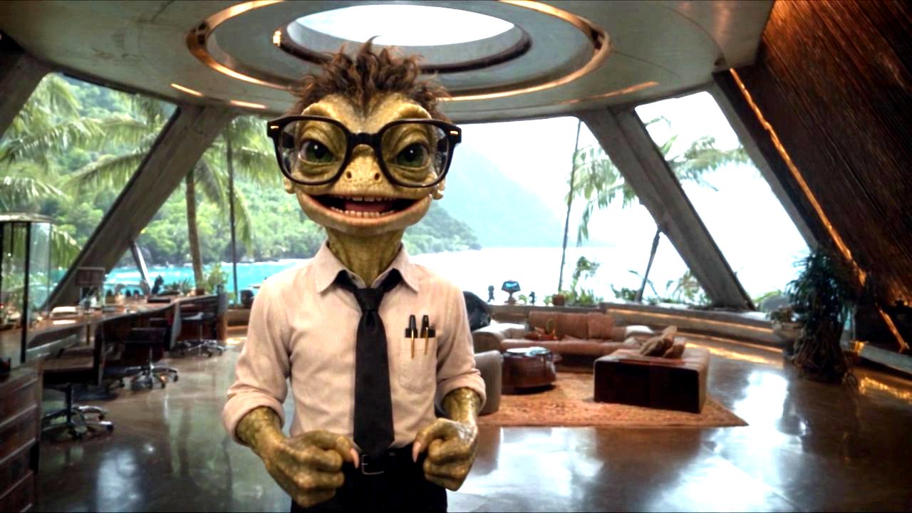 Arnold Ledger, CFO, smiling in his white shirt, tie and big black glasses in the BravoBay HQ executive suite, with the tropical bay behind him