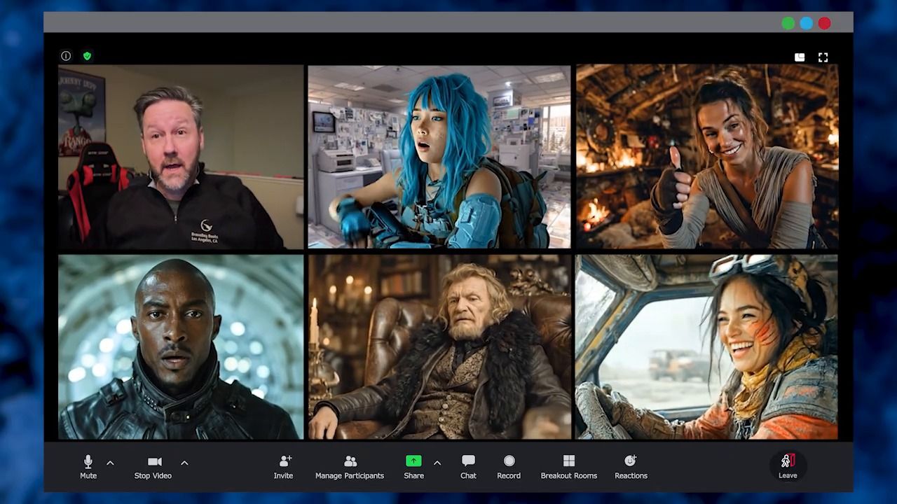 Still from the video: a Zoom gallery of six BBHQ staff on camera
