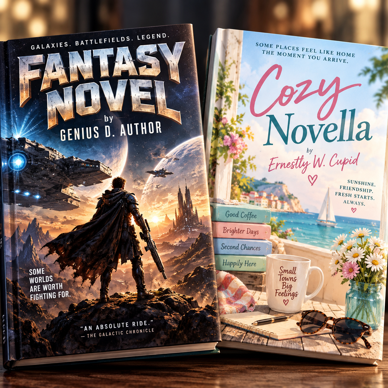 Publishing Tools Two playful fictional book covers: Fantasy Novel by Genius D. Author and Cozy Novella by Ernestly W. Cupid.